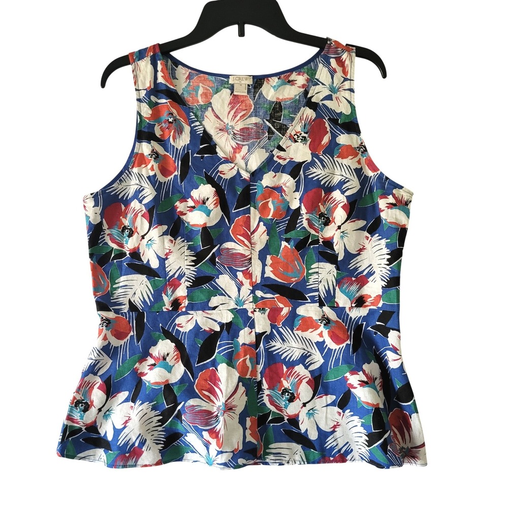 J Crew Factory Linen Peplum Blouse Top Womens 12 Tropical Floral Sleeveless